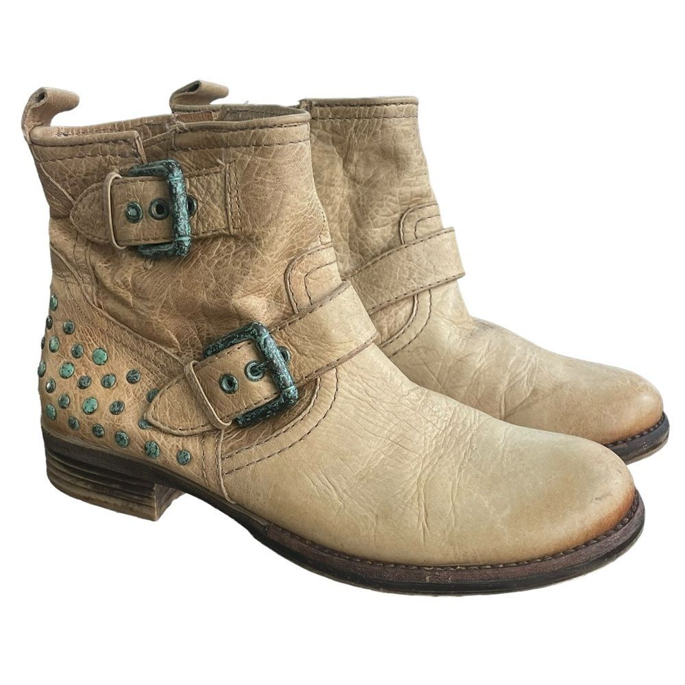 Anthropologie Naya Agatha Buckle Bootie Taupe Leather Studded Moto Boot Size 7.5